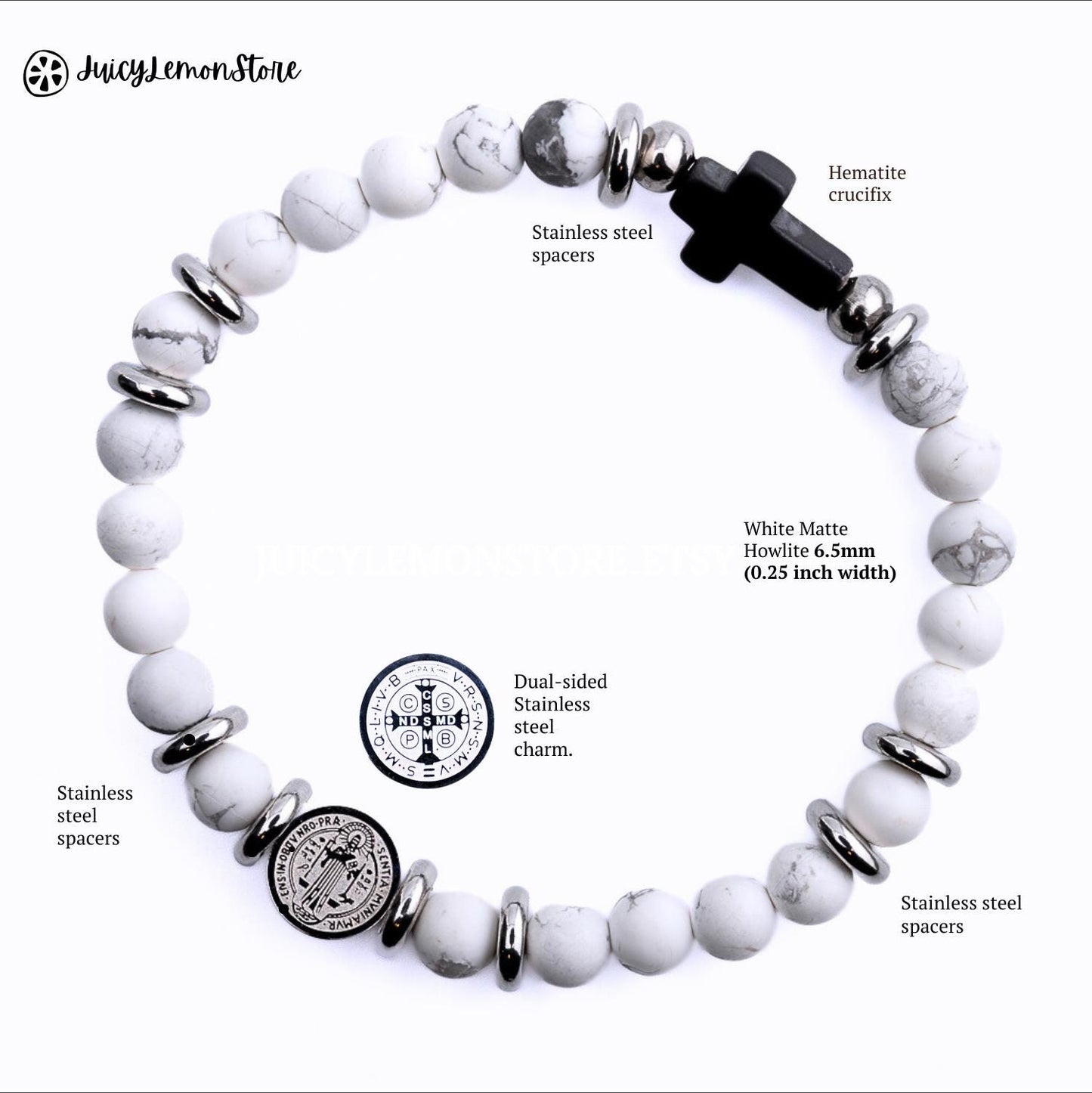 St Benedict Crucifix Stainless Steel Dual Sided Medal Protection Unisex Bracelet, Howlite White Matte. Religious Gifts for Him Her