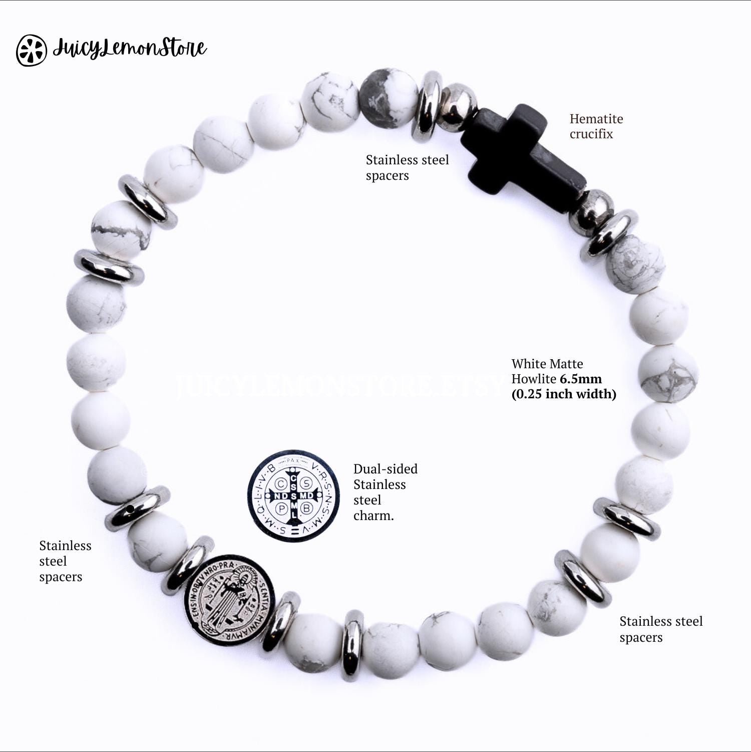 St Benedict Crucifix Stainless Steel Dual Sided Medal Protection Unisex Bracelet, Howlite White Matte. Religious Gifts for Him Her