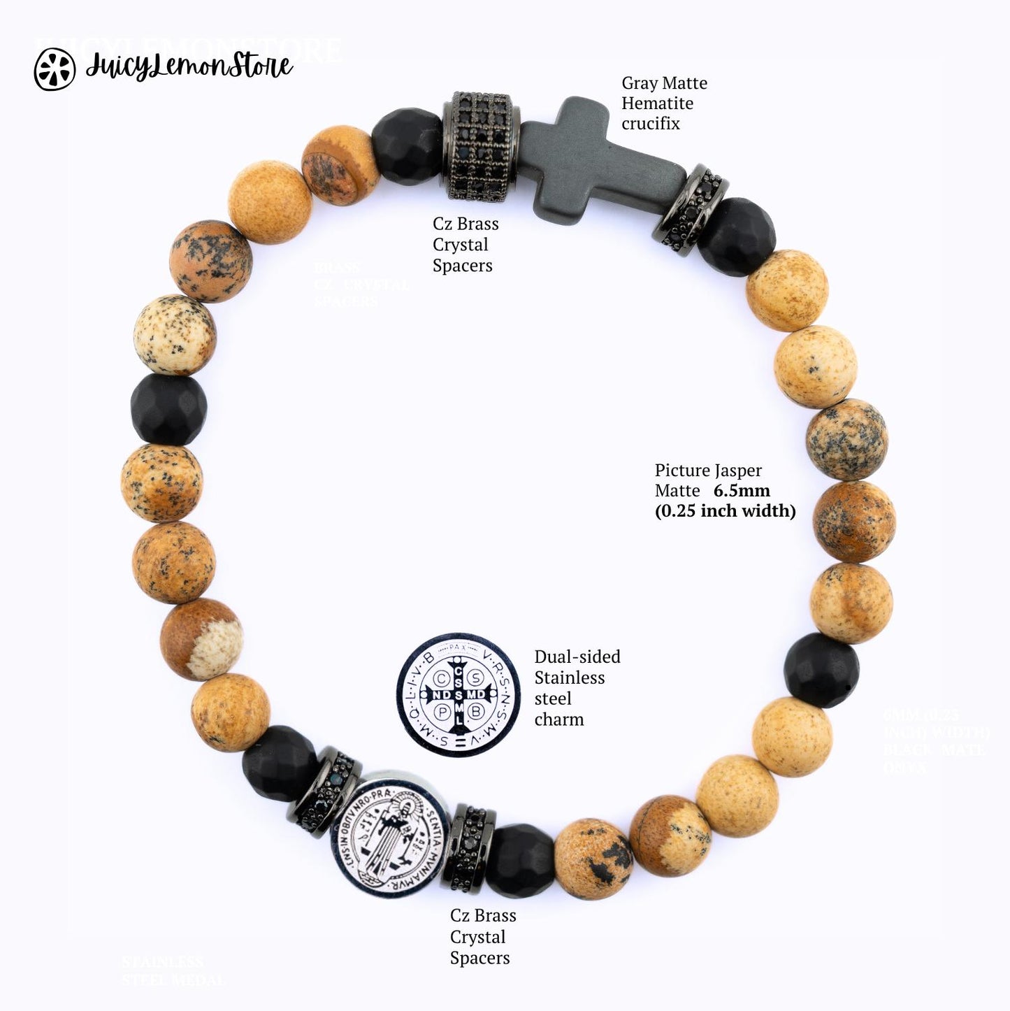 Saint Benedict Charm Protection Manifestation Mens Bracelet Stainless Steel Matte, 6mm Black Onyx, and Hematite Cross. Catholic Mens Gift