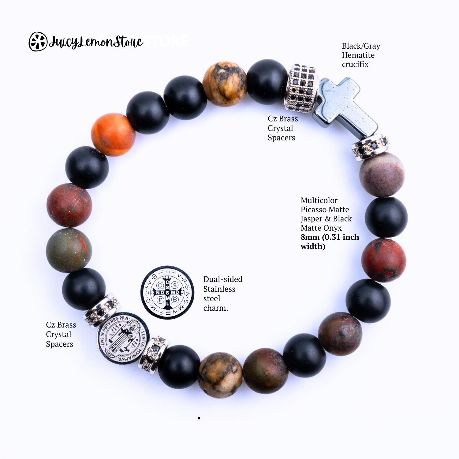 Handcrafted St. Benedict protection bracelet with Picasso Jasper, Black Onyx & Hematite gemstones. Energy-infused spiritual healing jewelry. Top View.