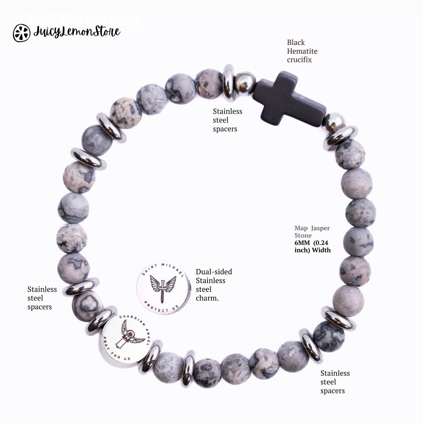 St. Michael Archangel Protection Bracelet for Women – Frosted Jasper, Hematite Crucifix, Catholic Religious Jewelry, Guardian Angel Bracelet