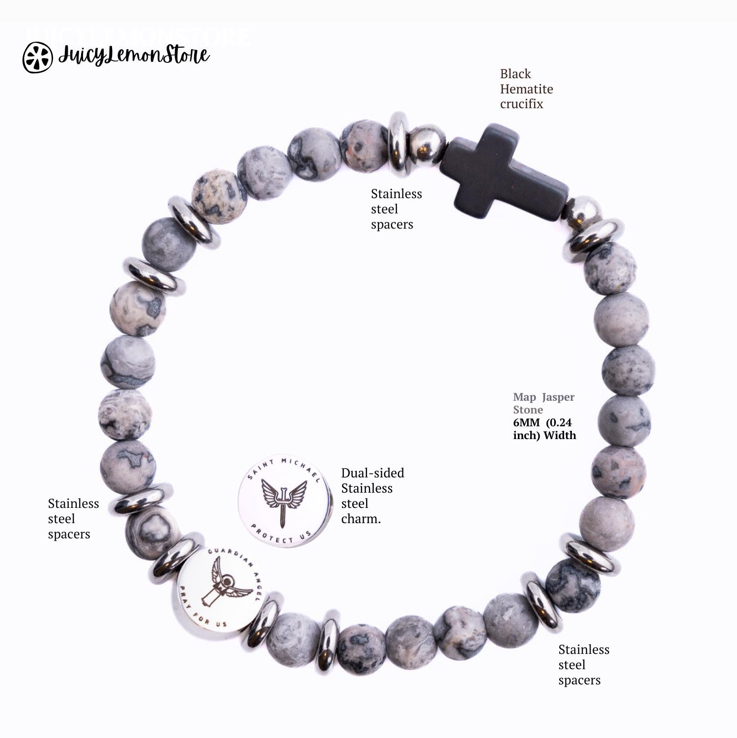 St. Michael Archangel Protection Bracelet for Women – Frosted Jasper, Hematite Crucifix, Catholic Religious Jewelry, Guardian Angel Bracelet