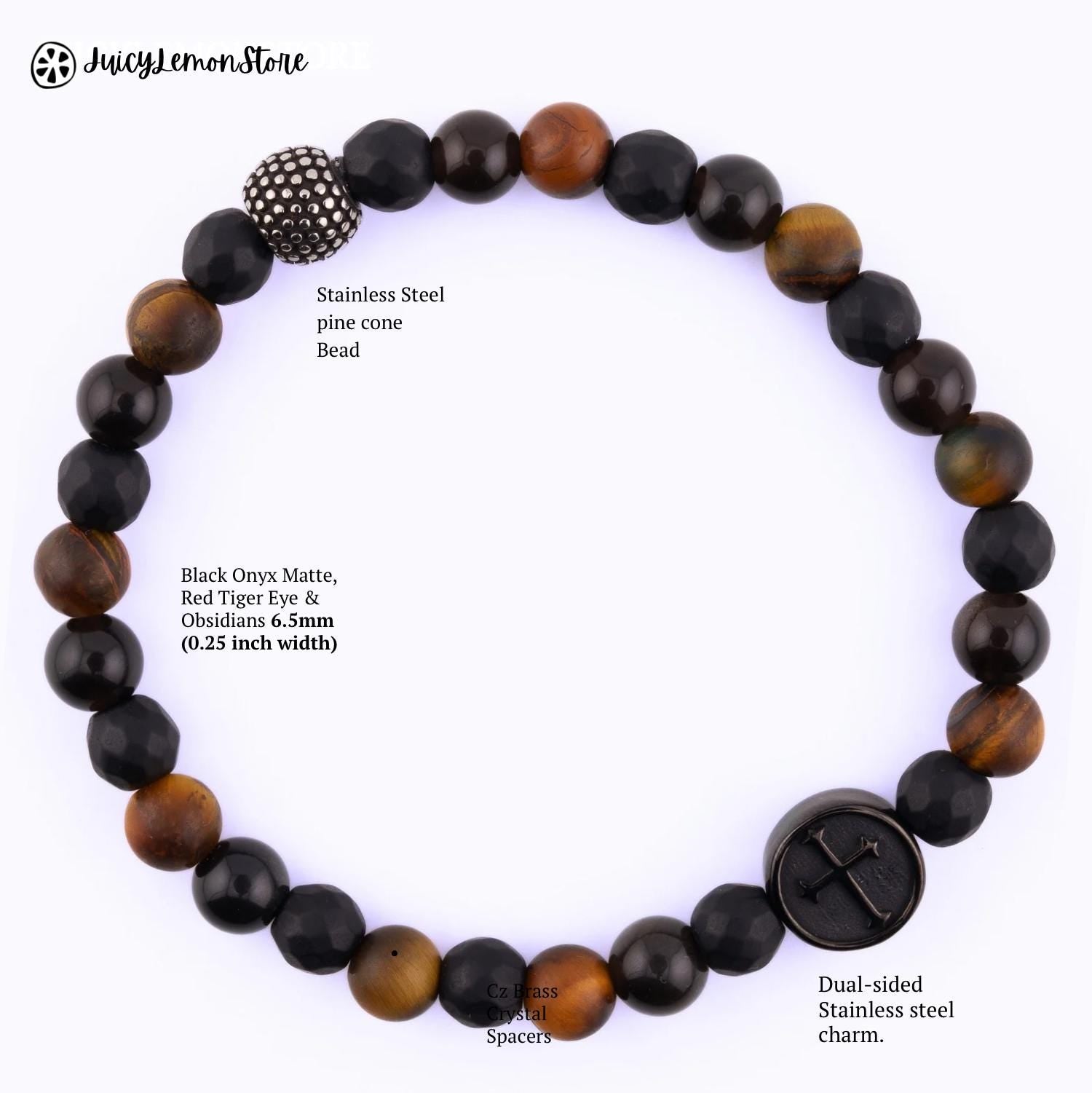 Triple Protection Crucifix bracelet for men and women featuring a black crucifix charm, black matte onyx and tiger eye gemstone beads, and a stainless steel spacer. Handmade in the USA with 6.3mm natural stone beads on a durable stretch cord for everyday wear. Christian religious bracelet symbolizing faith, strength, balance, and devotion. Unisex Catholic jewelry gift for prayer, protection, spiritual style, and meaningful gifting.