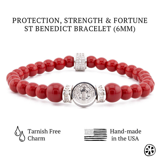 Red Jade, St Benedict Stainless Steel Custom Sized Women Protection & Luck Bracelet. Religious, Catholic Gifts for Women