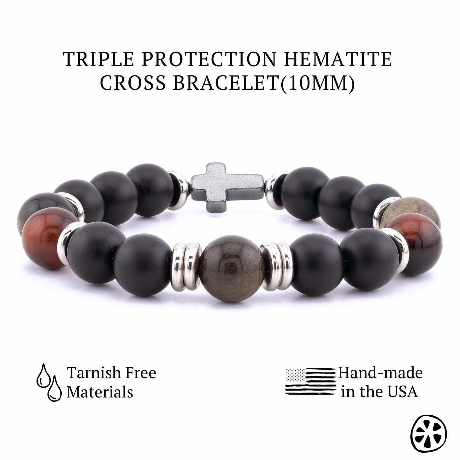 Triple Protection Hematite Cross bracelet for men and women featuring a black hematite crucifix, black matte onyx, red tiger eye, and gold sheen obsidian 10mm gemstone beads with stainless steel spacers. Handmade in the USA with tarnish-free materials and durable stretch cord. Christian religious bracelet symbolizing faith, strength, balance, and devotion. Unisex Catholic jewelry gift ideal for prayer, daily wear, confirmations, Father’s Day, and meaningful spiritual gifting.