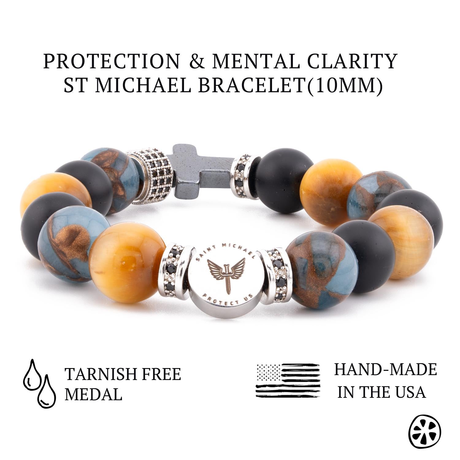 Healing and Protection St Michael/Guardian Angel Steel ,Onyx,Golden Tiger Eye & Blue Cloisonné Jaspe . Catholic Gift for Him, Her, Unisex
