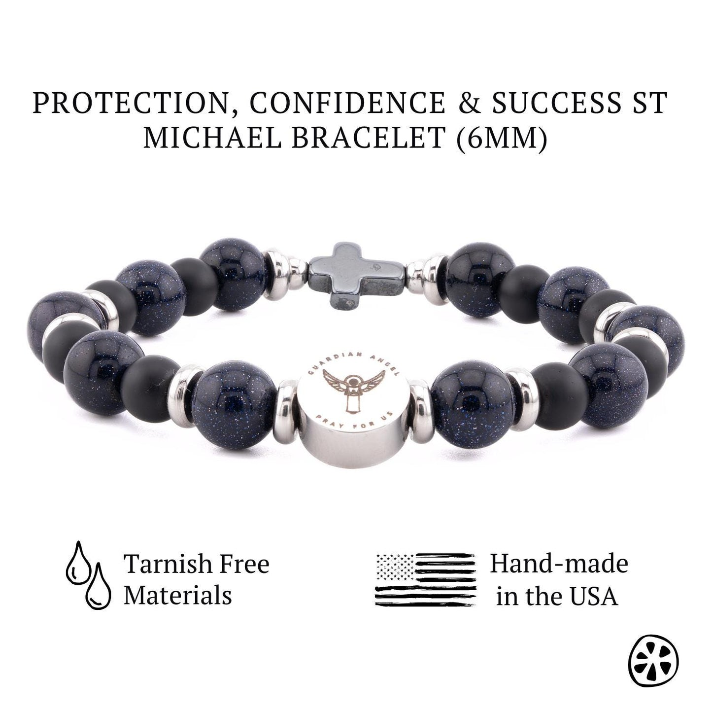 Galaxy Blue Sandstone and Black Matte Onyx St Michael Archangel & Guardian Angel Stainless Steel Charm, Water Proof Protection Bracelet Catholic and Police Gifts For Her, him, unisex