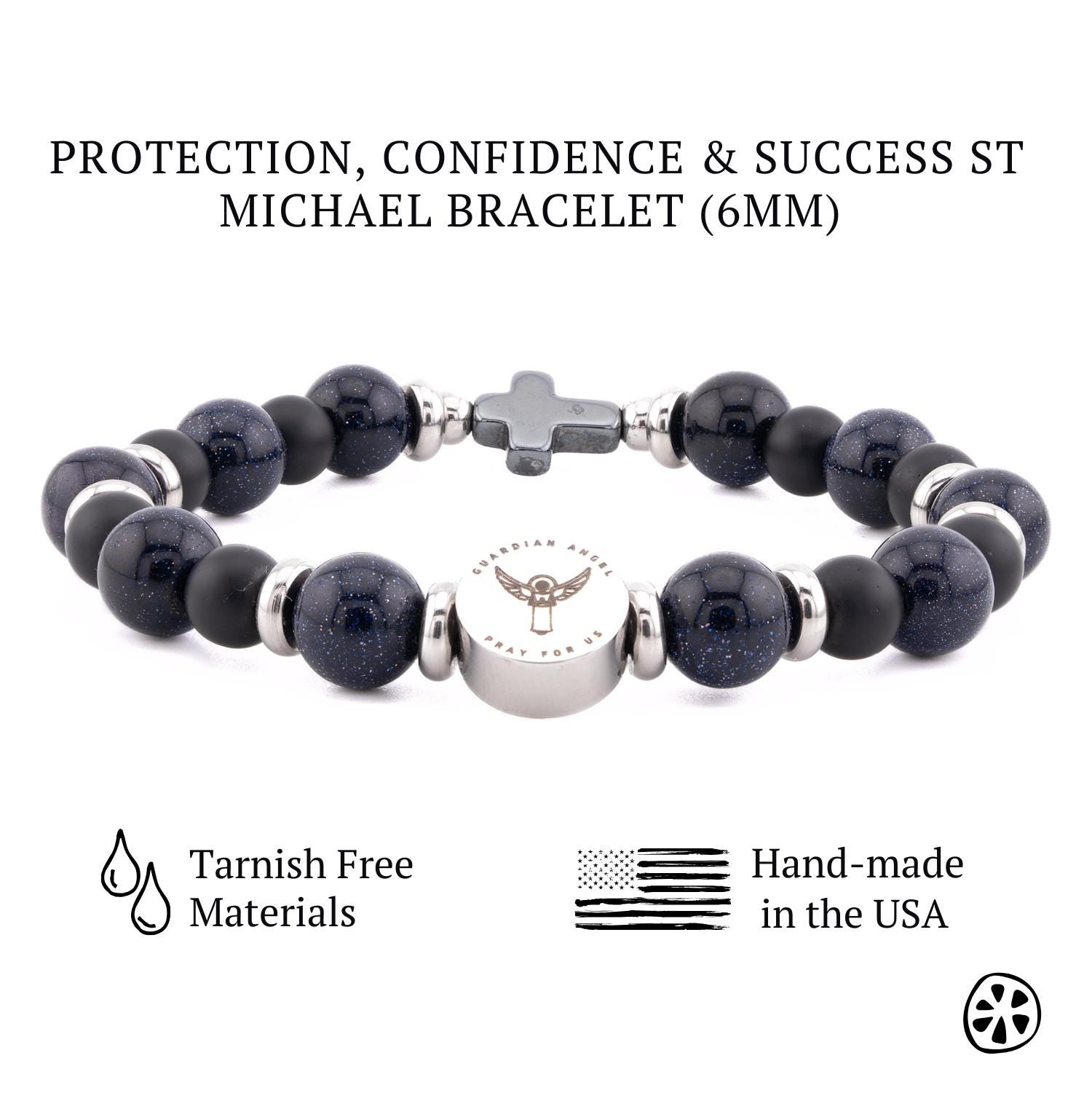 Galaxy Blue Sandstone and Black Matte Onyx St Michael Archangel & Guardian Angel Stainless Steel Charm, Water Proof Protection Bracelet Catholic and Police Gifts For Her, him, unisex