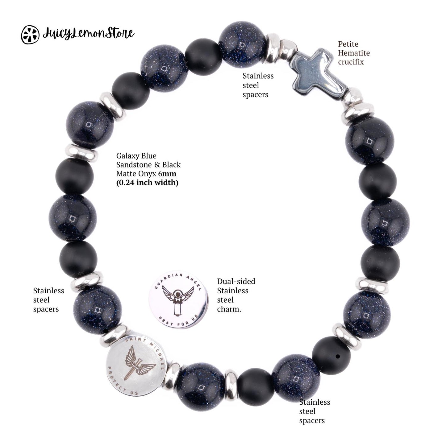 Galaxy Blue Sandstone and Black Matte Onyx St Michael Archangel & Guardian Angel Stainless Steel Charm, Water Proof Protection Bracelet Catholic and Police Gifts For Her, him, unisex