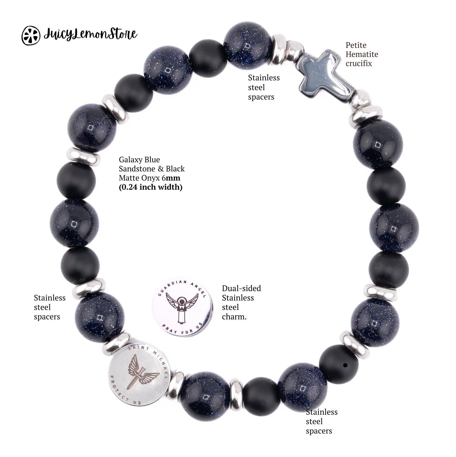 Galaxy Blue Sandstone and Black Matte Onyx St Michael Archangel & Guardian Angel Stainless Steel Charm, Water Proof Protection Bracelet Catholic and Police Gifts For Her, him, unisex