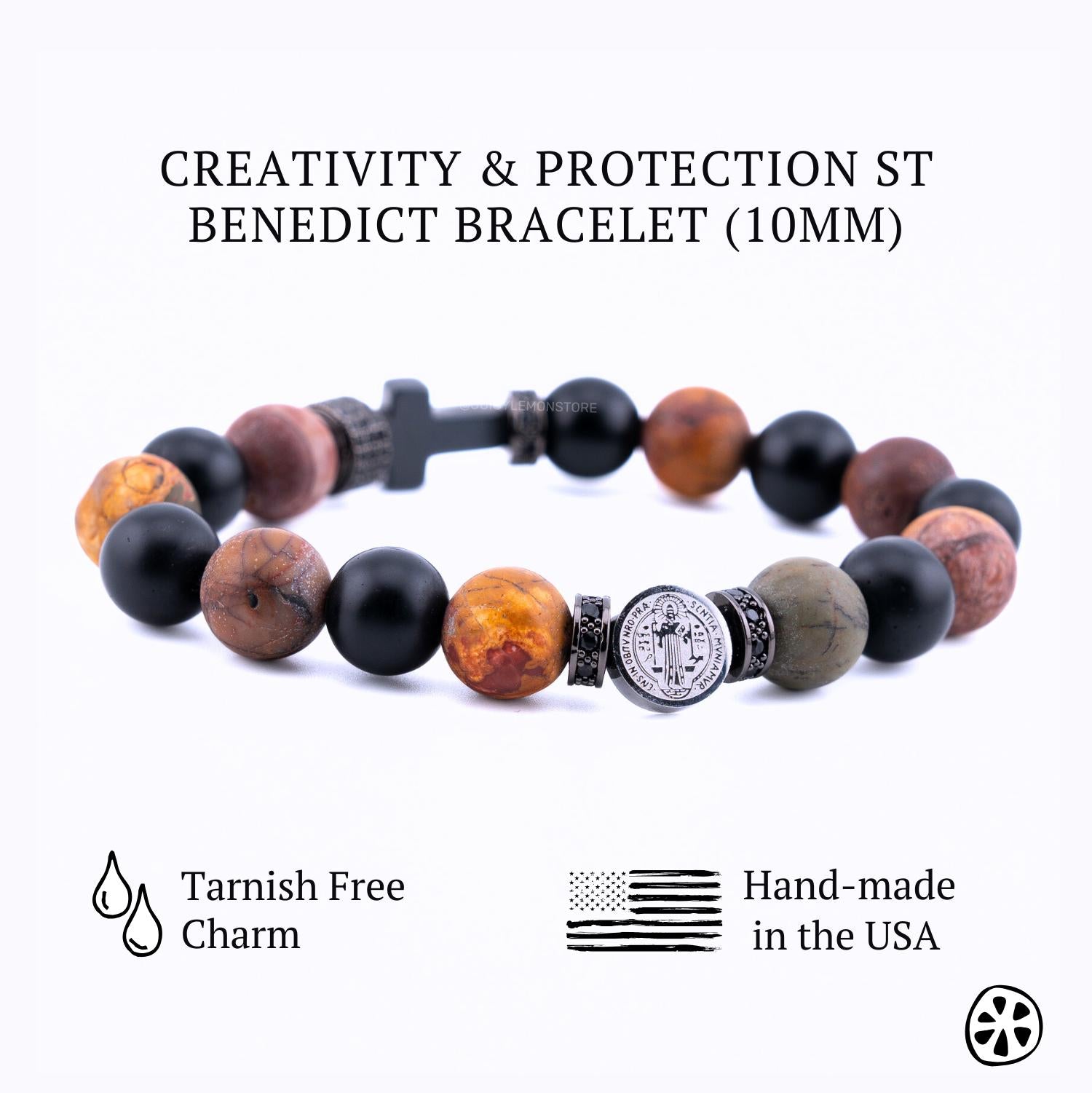 Protection bracelet for men, St. Benedict Catholic jewelry, gemstone charm, hematite, black onyx, Picasso Jasper, religious and gift jewelry