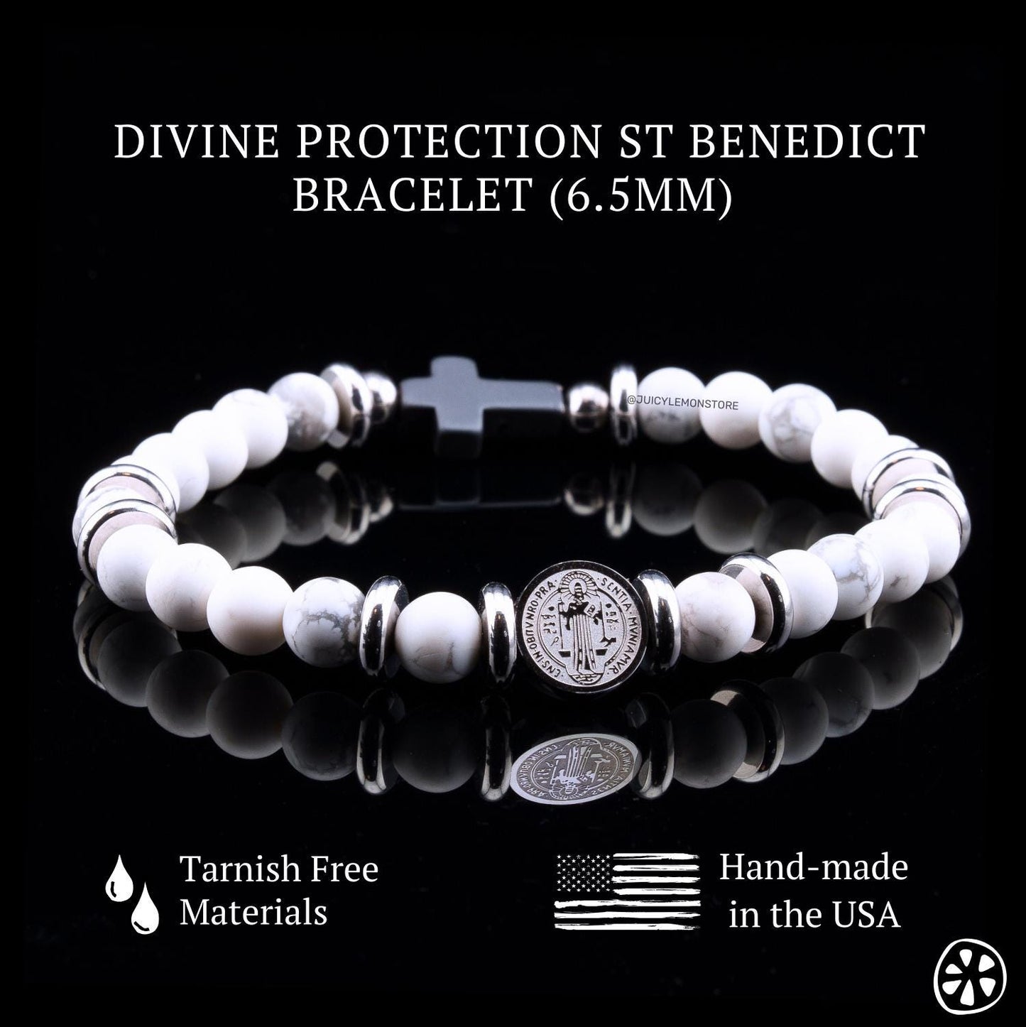 St Benedict Crucifix Stainless Steel Dual Sided Medal Protection Unisex Bracelet, Howlite White Matte. Religious Gifts for Him Her