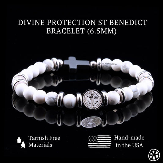 St Benedict Crucifix Stainless Steel Dual Sided Medal Protection Unisex Bracelet, Howlite White Matte. Religious Gifts for Him Her