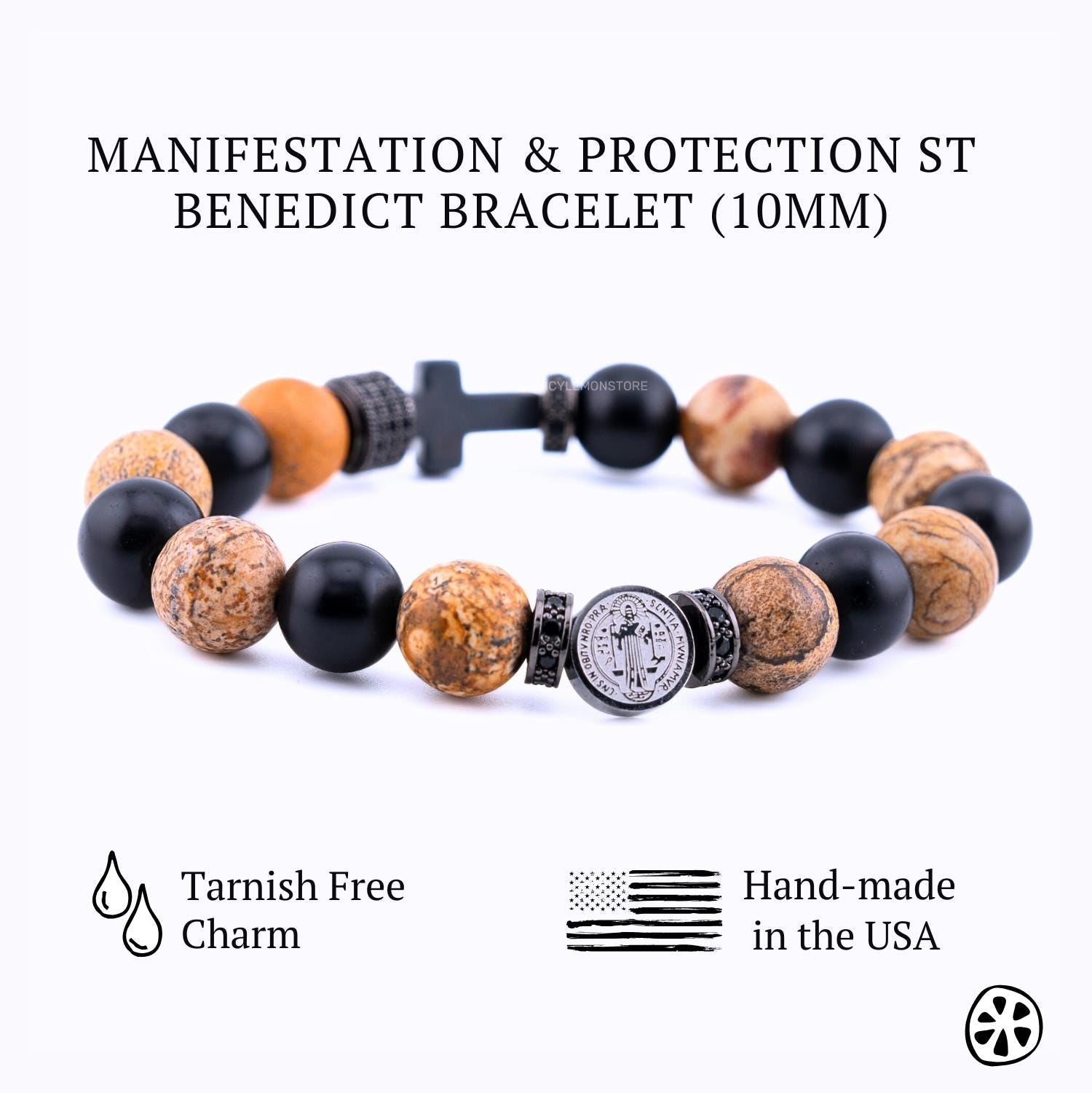 Handmade St Benedict Crystal Healing Bracelet with Picture Jasper, Black Onyx & Hematite - Spiritual Protection Jewelry. Side View.