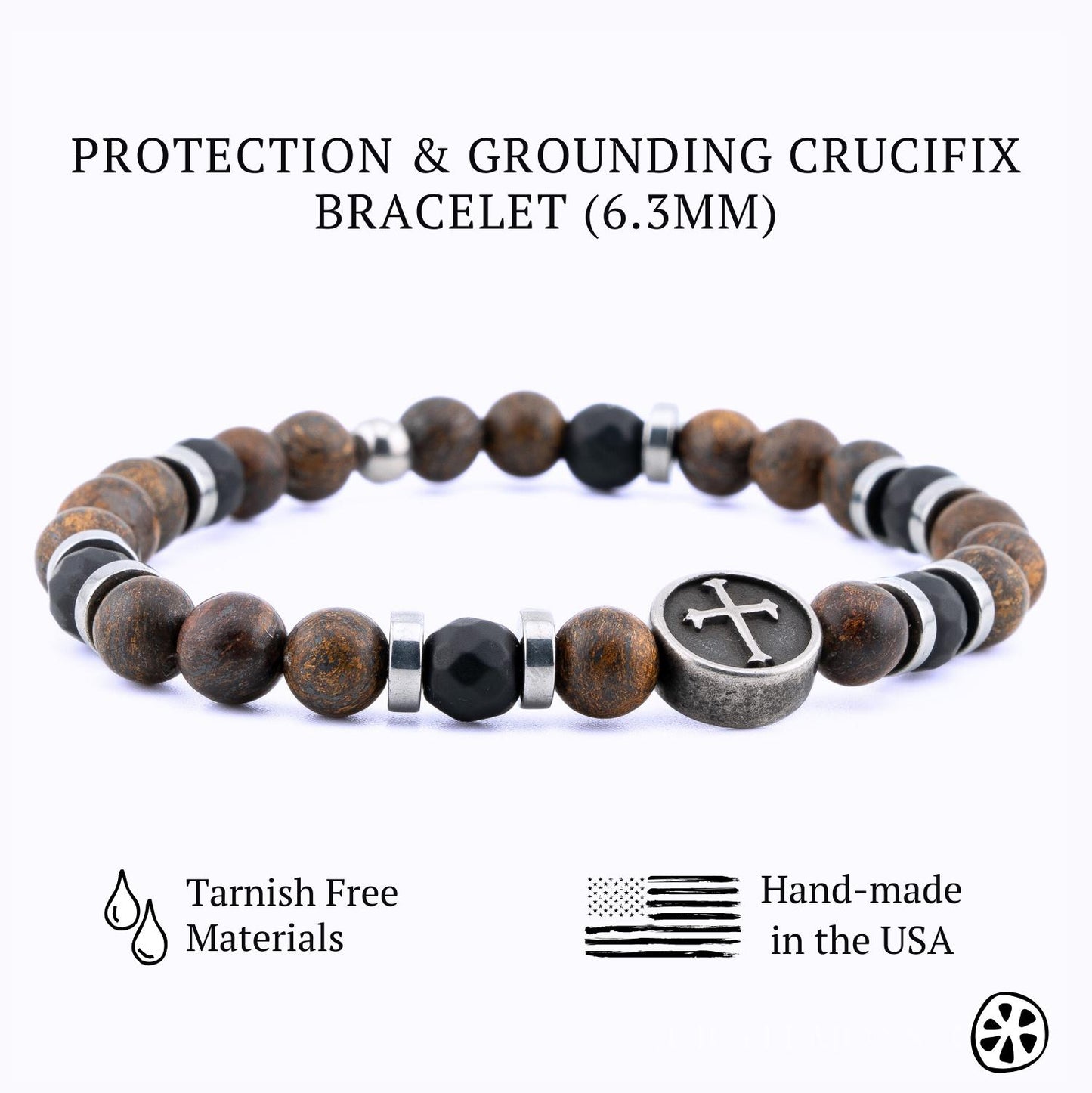 Handmade Bronzite & Black Onyx Healing Crystal Bracelet with Crucifix | Spiritual Protection & Grounding Energy Jewelry. Side View.
