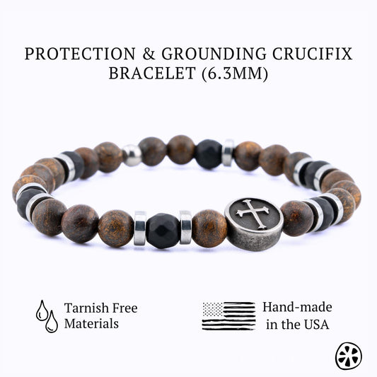 Handmade Bronzite & Black Onyx Healing Crystal Bracelet with Crucifix | Spiritual Protection & Grounding Energy Jewelry. Side View.