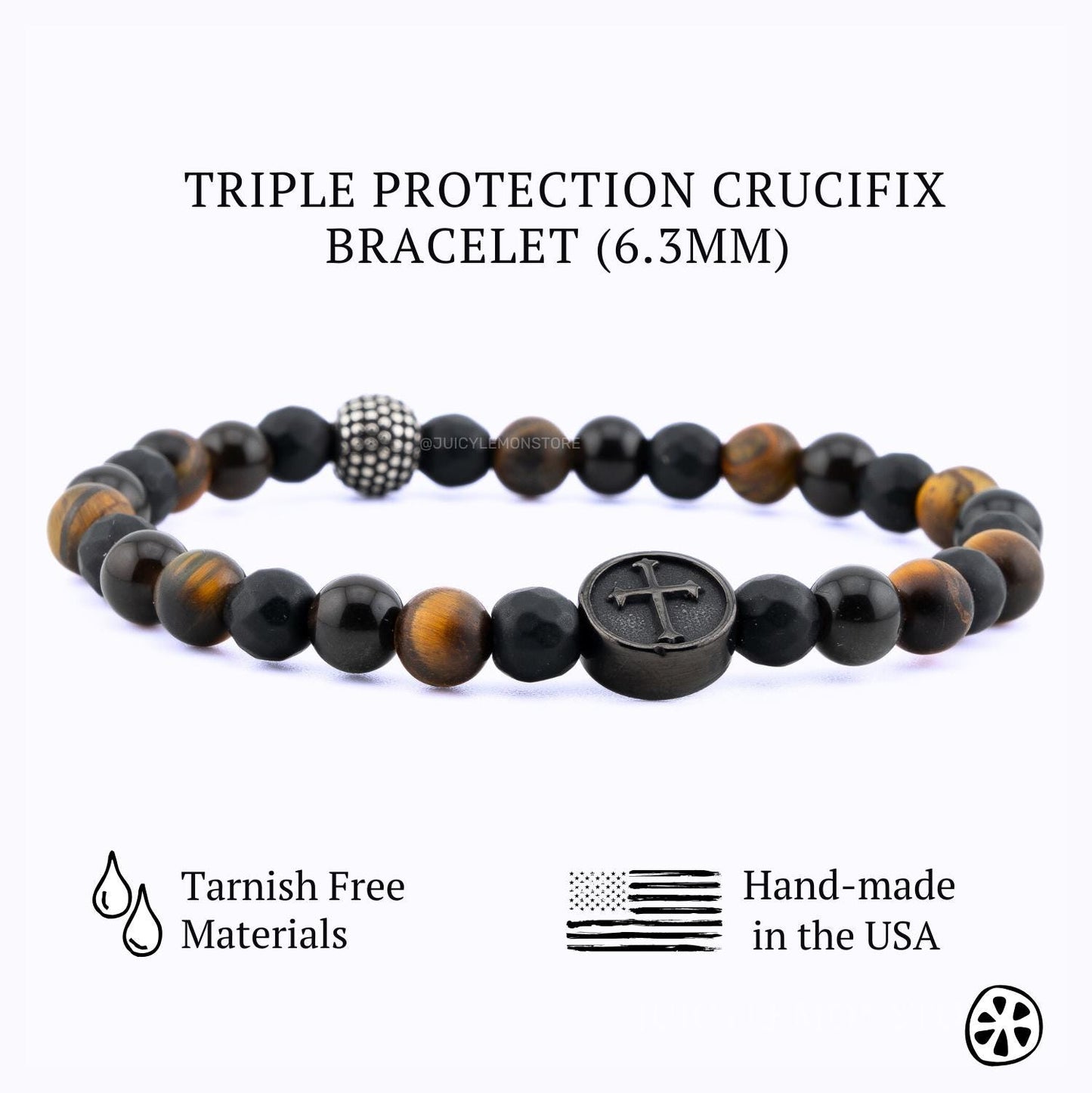 Triple Protection Crucifix bracelet for men and women featuring a black crucifix charm, black matte onyx and tiger eye gemstone beads, and a stainless steel spacer. Handmade in the USA with 6.3mm natural stone beads on a durable stretch cord for everyday wear. Christian religious bracelet symbolizing faith, strength, balance, and devotion. Unisex Catholic jewelry gift for prayer, protection, spiritual style, and meaningful gifting.