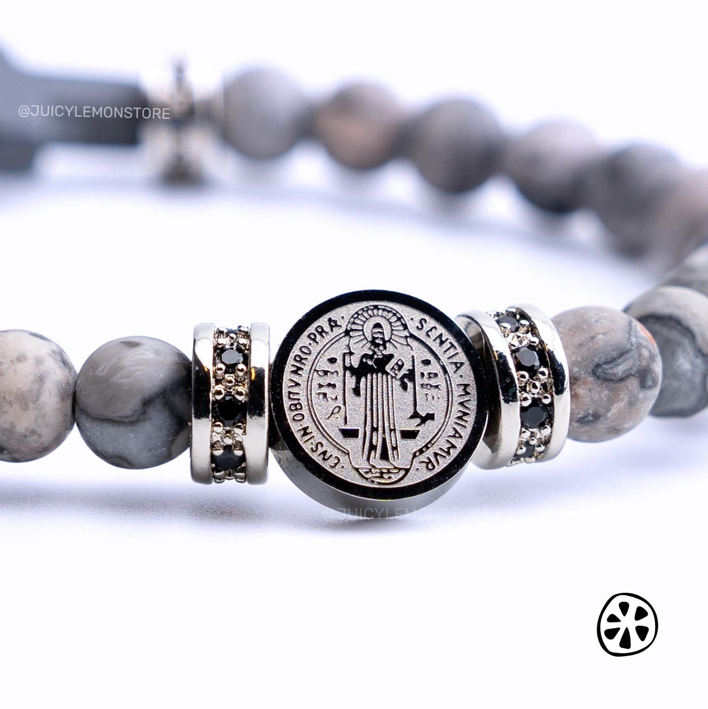 St Benedict Stainless Steel Medal & Frosted Map Jasper Protection Bracelet for men. Catholic gift for him/her/unisex Religious gem bracelet