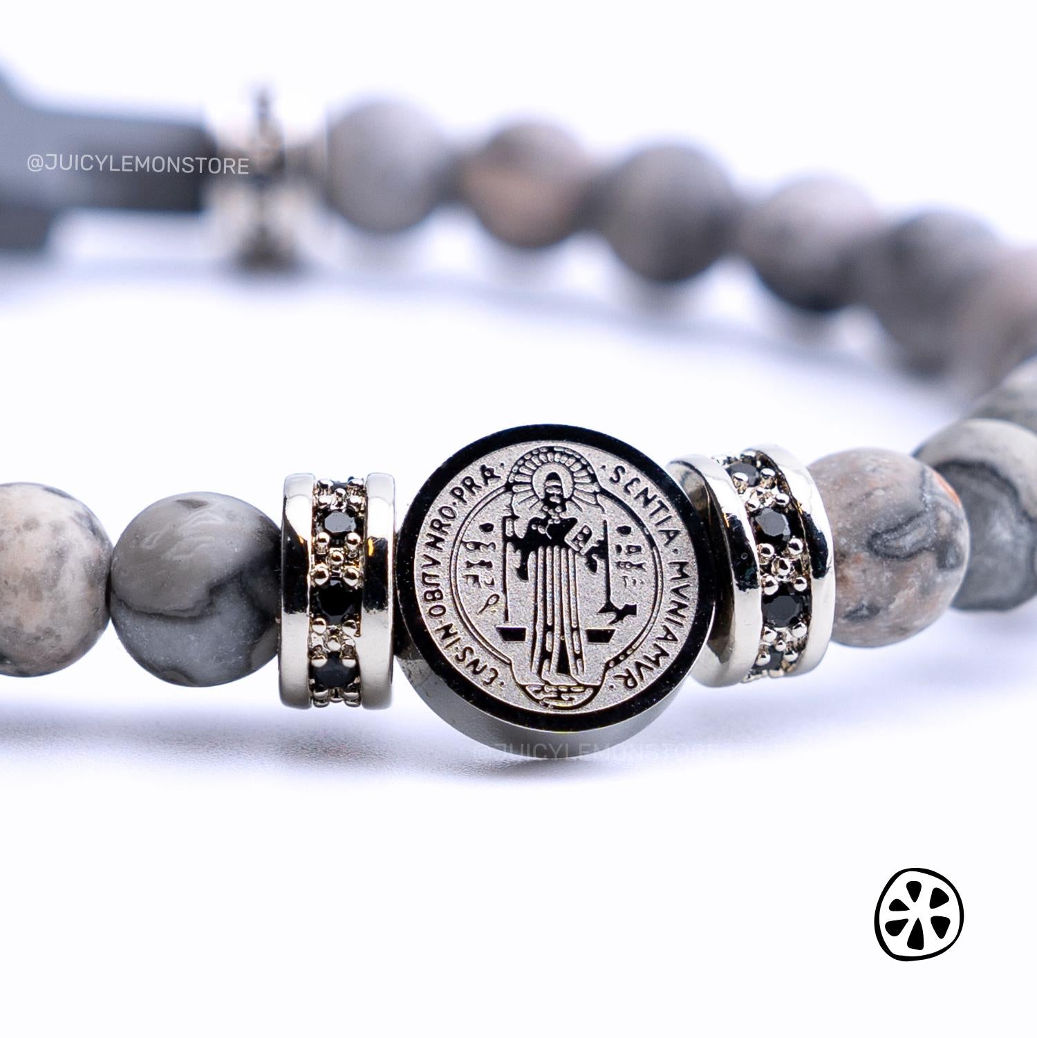 St Benedict Stainless Steel Medal & Frosted Map Jasper Protection Bracelet for men. Catholic gift for him/her/unisex Religious gem bracelet