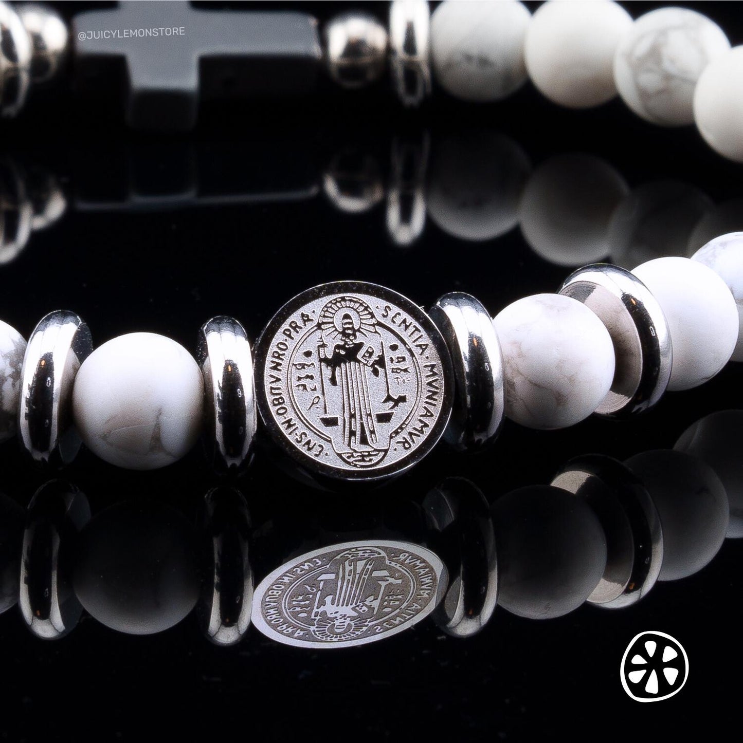 St Benedict Crucifix Stainless Steel Dual Sided Medal Protection Unisex Bracelet, Howlite White Matte. Religious Gifts for Him Her