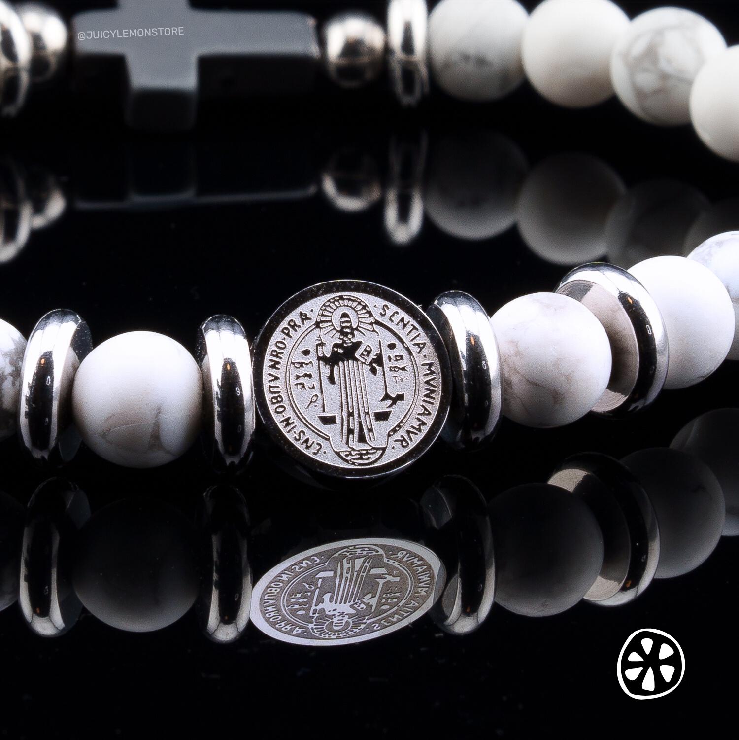 St Benedict Crucifix Stainless Steel Dual Sided Medal Protection Unisex Bracelet, Howlite White Matte. Religious Gifts for Him Her