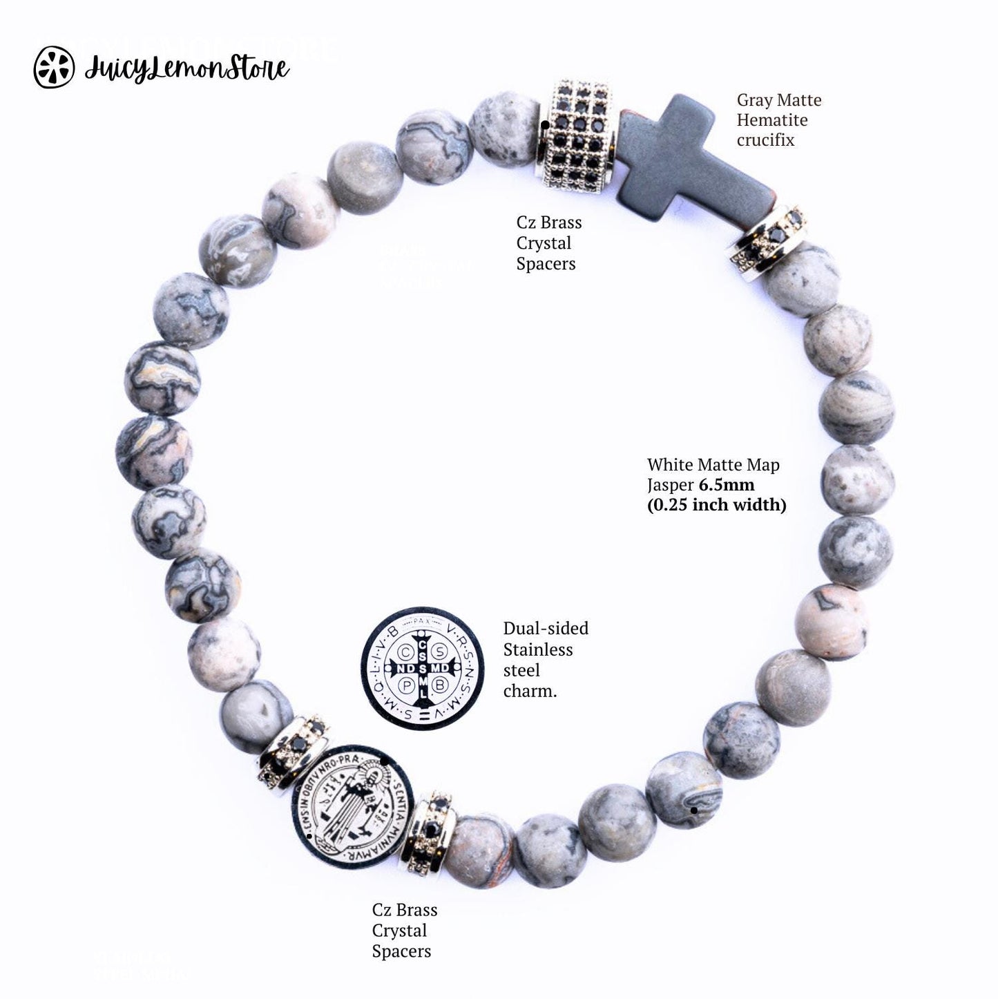 St Benedict Stainless Steel Medal & Frosted Map Jasper Protection Bracelet for men. Catholic gift for him/her/unisex Religious gem bracelet