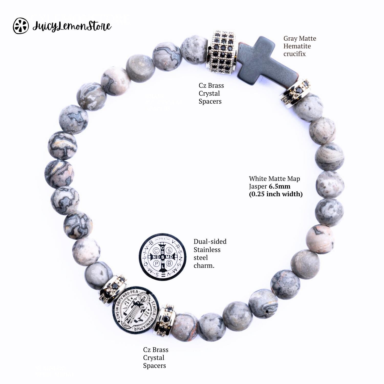 St Benedict Stainless Steel Medal & Frosted Map Jasper Protection Bracelet for men. Catholic gift for him/her/unisex Religious gem bracelet