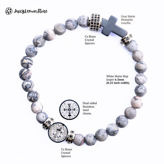 St Benedict Stainless Steel Medal & Frosted Map Jasper Protection Bracelet for men. Catholic gift for him/her/unisex Religious gem bracelet