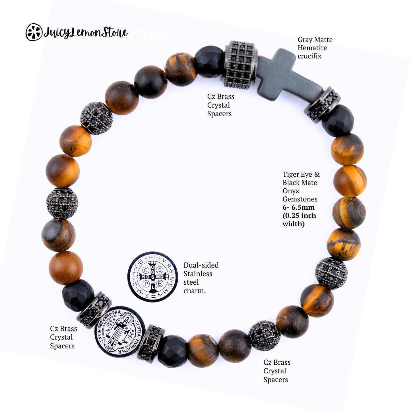 Luxury St Benedict protection bracelet for men featuring black matte onyx and golden tiger eye gemstones, gray matte hematite cross, dual-sided stainless steel St Benedict medal, and CZ brass crystal spacers. Handmade Catholic bracelet with 6–6.5mm beads, masculine minimalist Christian jewelry designed for daily wear, faith, devotion, confirmation, and meaningful gifting.