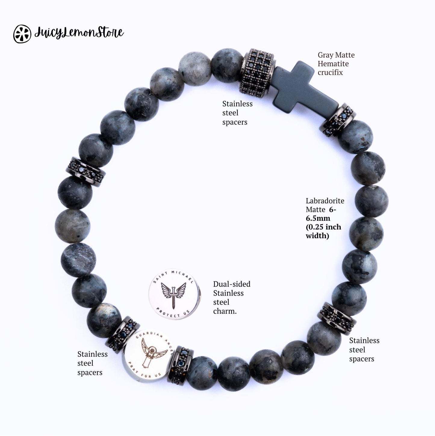 Saint Michael the Archangel Shield Protection Bracelet, labradorite matte and hematite matter crucifix gemstones