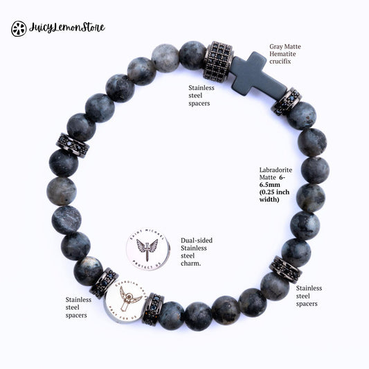 Saint Michael the Archangel Shield Protection Bracelet, labradorite matte and hematite matter crucifix gemstones