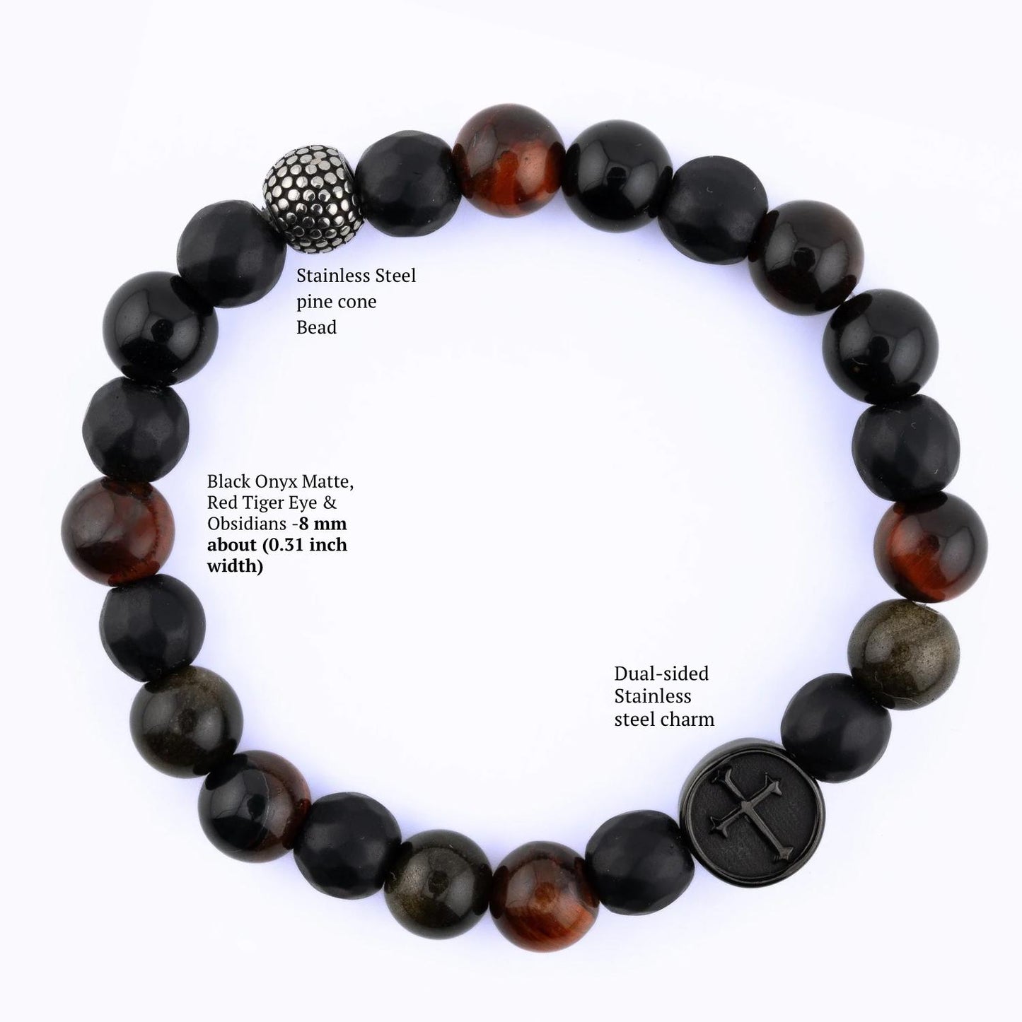 Catholic Crucifix Bracelet for Men, Black Onyx Red Tiger Eye Obsidian, Christian Faith Protection Jewelry 8.3mm