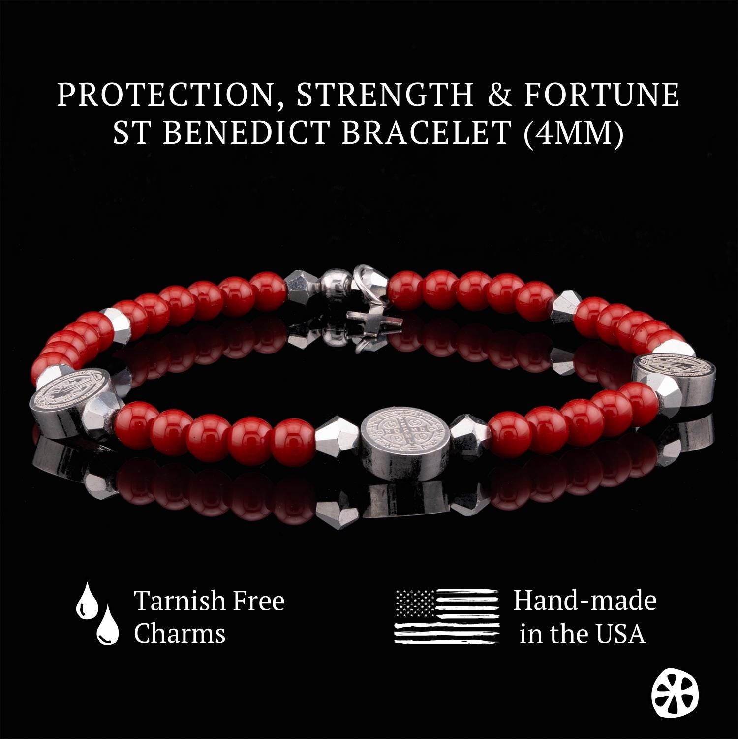 St Benedict Red Jade - Stainless Steel Protection Rosary Bracelet Custom Sized - Ultra Slim Dainty Bracelet. Catholic Gifts for her.