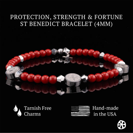 St Benedict Red Jade - Stainless Steel Protection Rosary Bracelet Custom Sized - Ultra Slim Dainty Bracelet. Catholic Gifts for her.