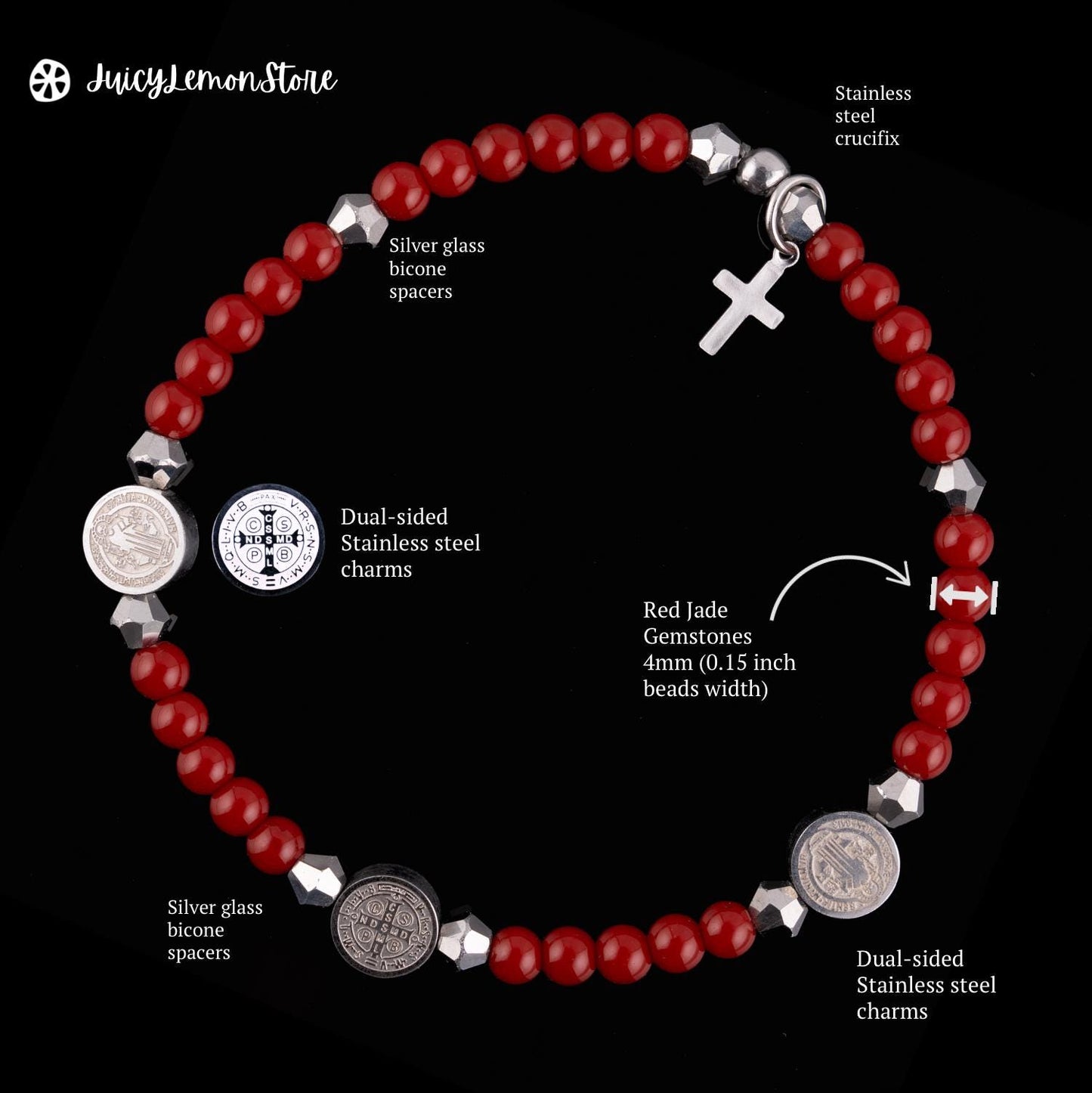 St Benedict Red Jade - Stainless Steel Protection Rosary Bracelet Custom Sized - Ultra Slim Dainty Bracelet. Catholic Gifts for her.