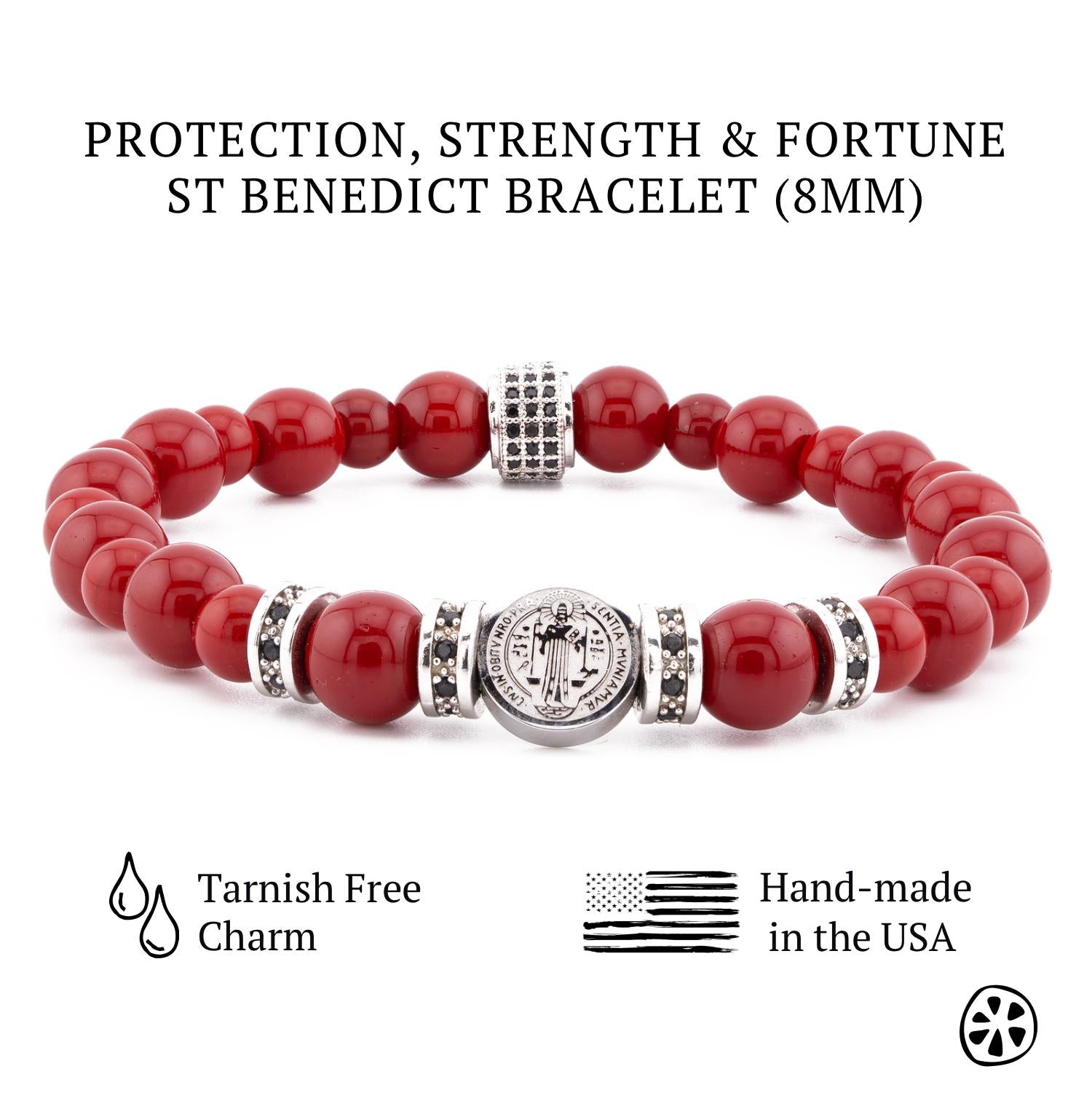 St Benedict  Stainless Steel Religious Unisex  Custom Sized Protection Bracelet, Red Jade & Hematites gemstones . Catholic Gift for her/him