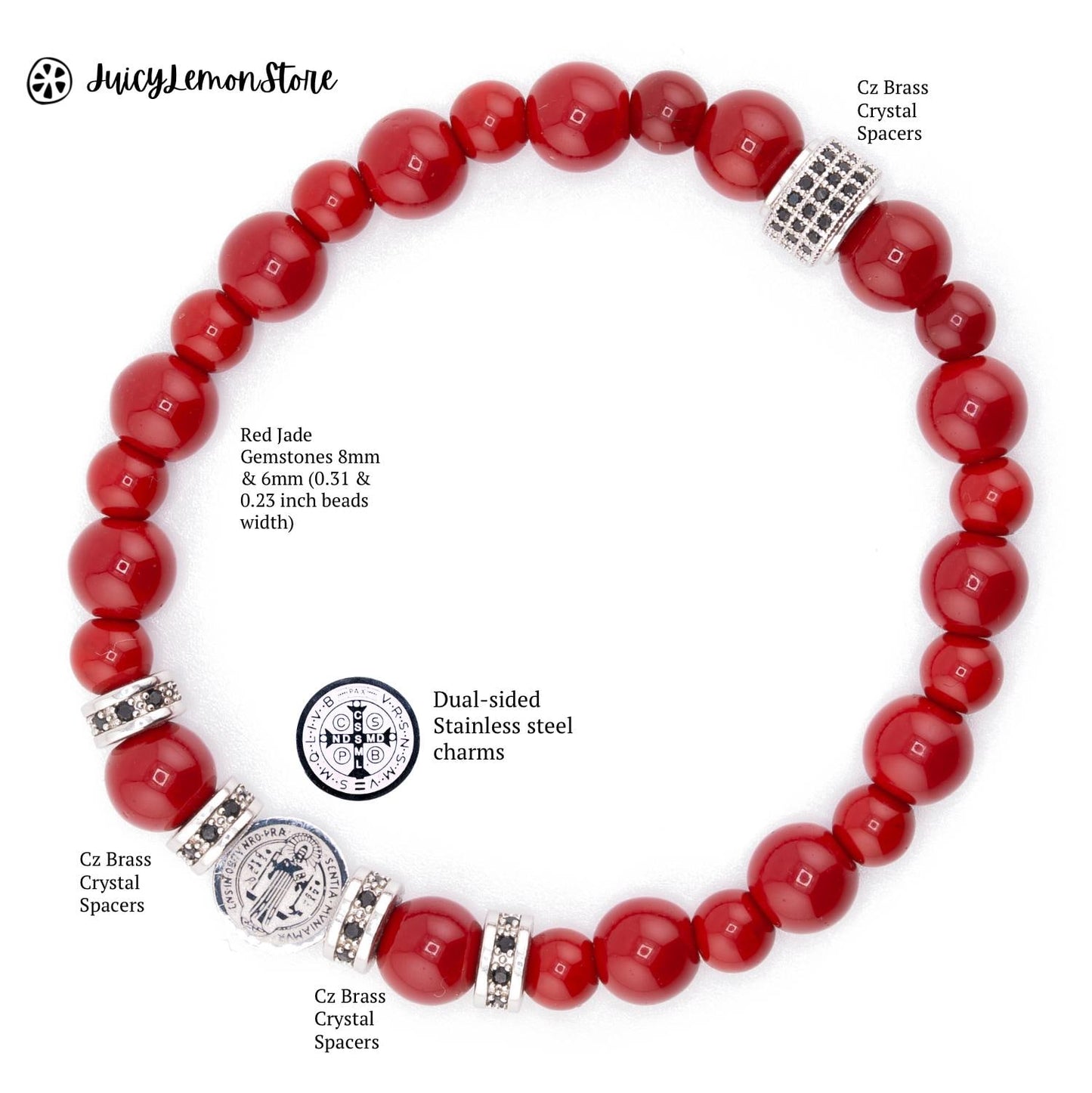 St Benedict  Stainless Steel Religious Unisex  Custom Sized Protection Bracelet, Red Jade & Hematites gemstones . Catholic Gift for her/him