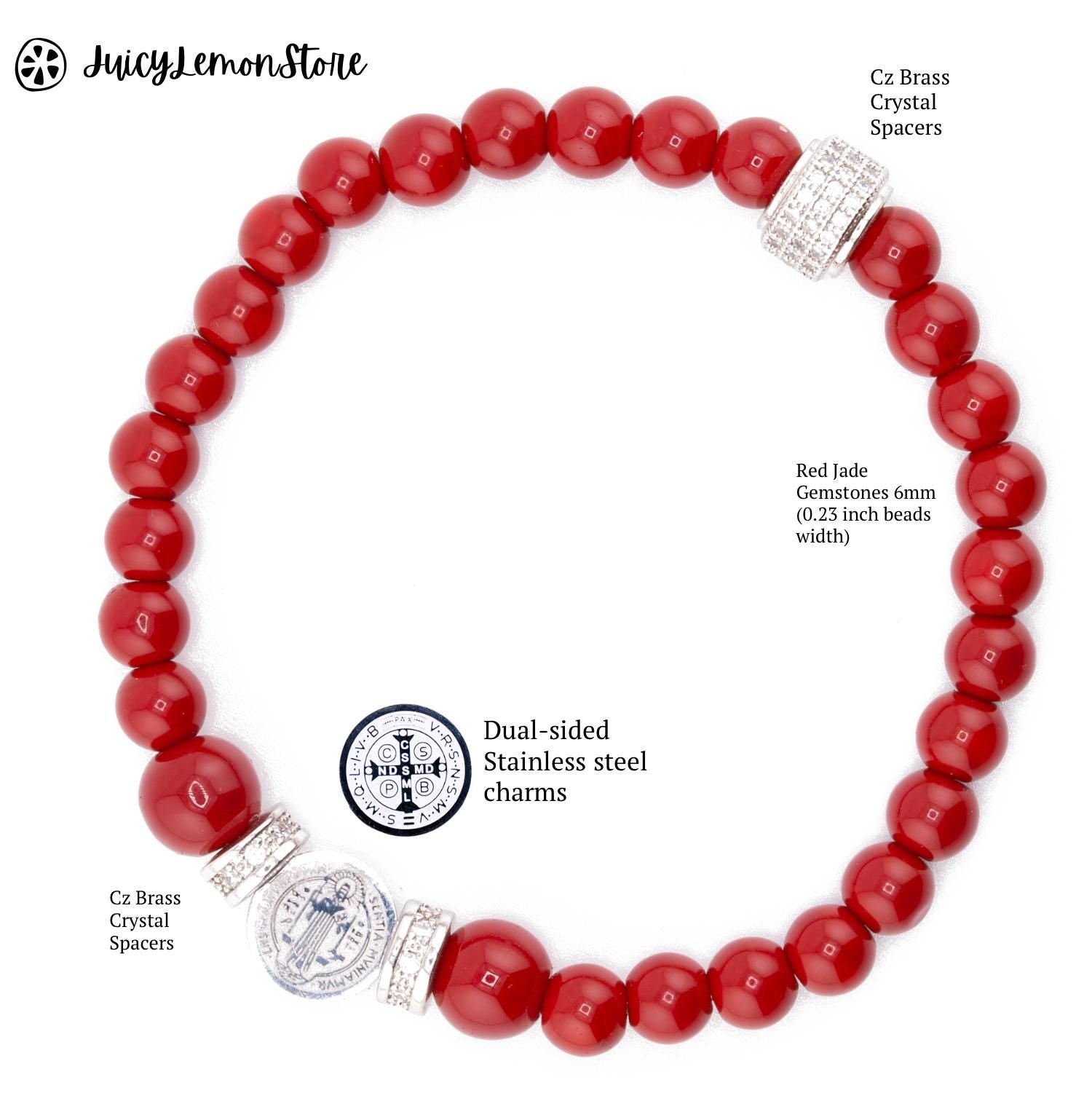 Red Jade, St Benedict Stainless Steel Custom Sized Women Protection & Luck Bracelet. Religious, Catholic Gifts for Women