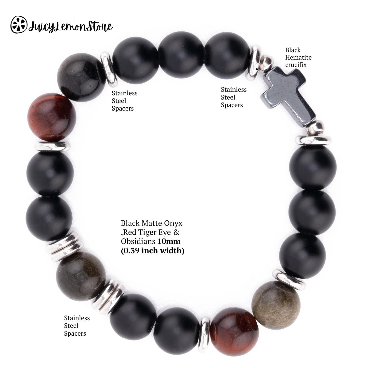 ドリカム　ブレスレット、ネックレス Crucifix Bracelet – Obsidian, Red Tiger Eye & Hematite – Juicy