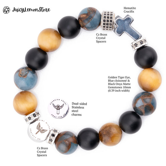 Healing and Protection St Michael/Guardian Angel Steel ,Onyx,Golden Tiger Eye & Blue Cloisonné Jaspe . Catholic Gift for Him, Her, Unisex