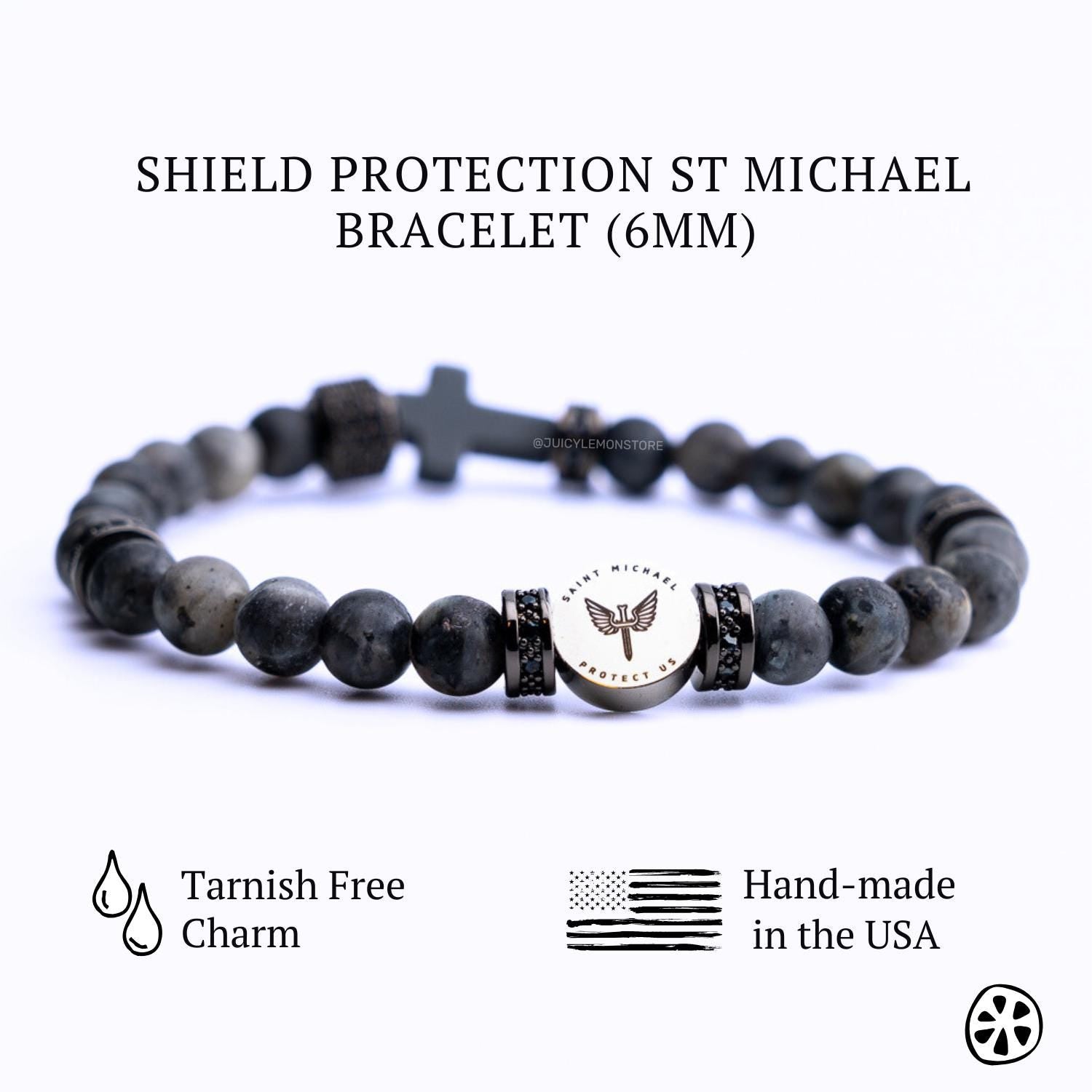 Saint Michael the Archangel Shield Protection Bracelet, labradorite matte and hematite matter crucifix gemstones