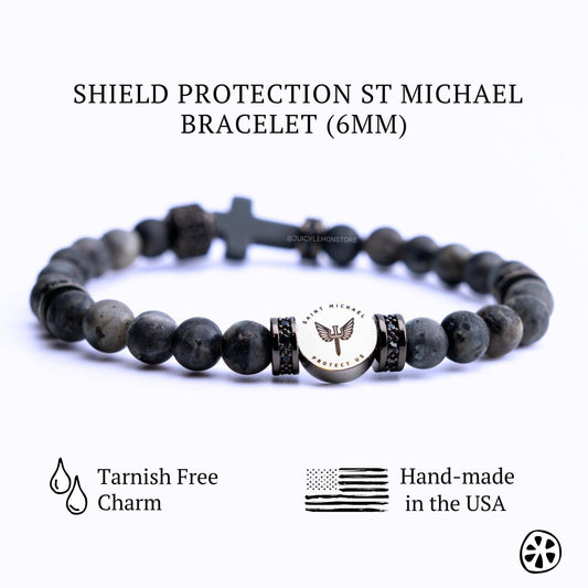 Saint Michael the Archangel Shield Protection Bracelet, labradorite matte and hematite matter crucifix gemstones