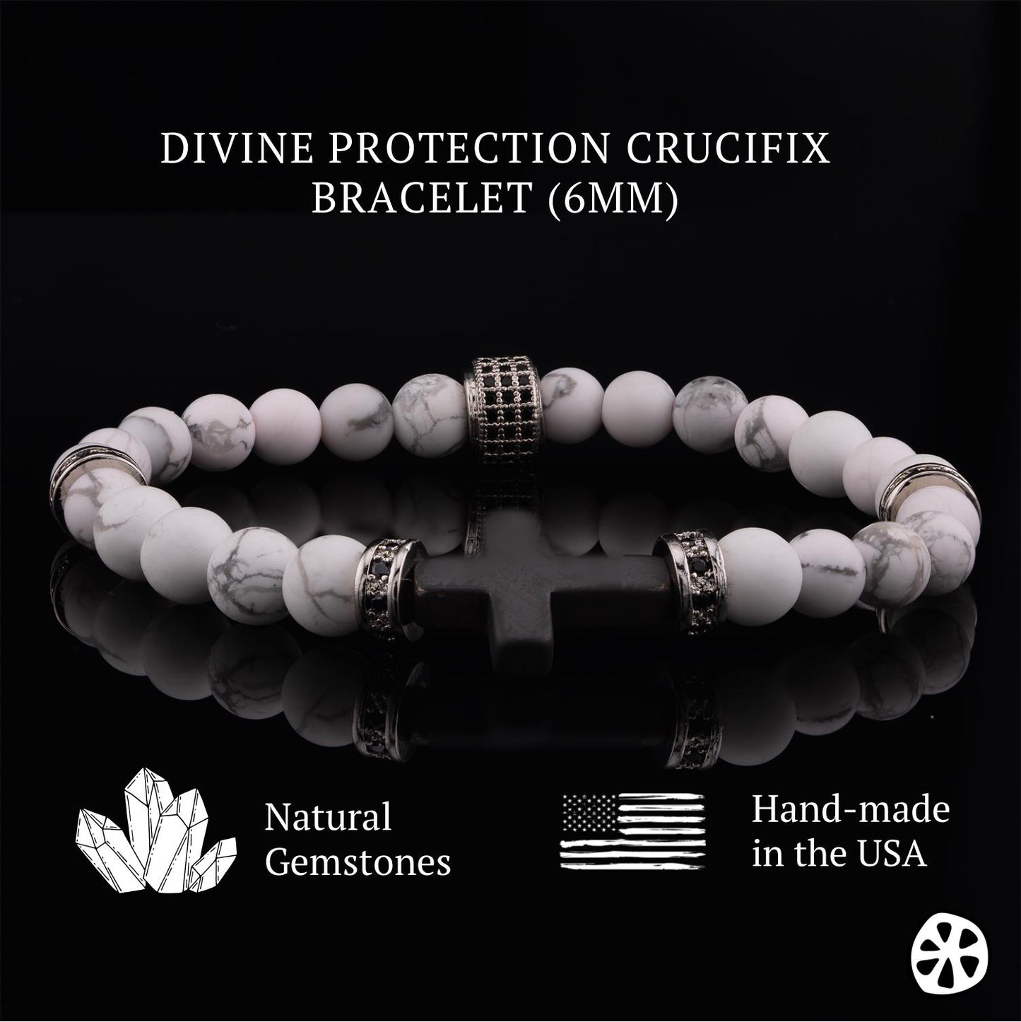 Christian Protection Bracelet with Hematite Cross & Howlite - Grounding Spiritual Jewelry for Faith & Emotional Balance. Side View.