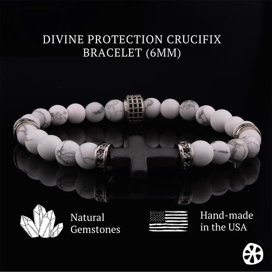 Christian Protection Bracelet with Hematite Cross & Howlite - Grounding Spiritual Jewelry for Faith & Emotional Balance. Side View.