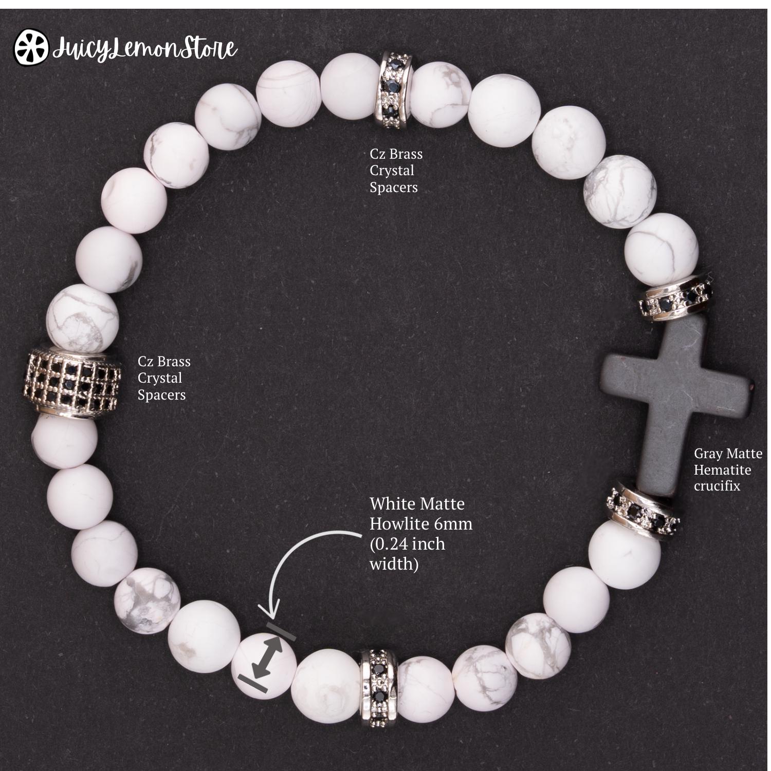 Christian Protection Bracelet with Hematite Cross & Howlite - Grounding Spiritual Jewelry for Faith & Emotional Balance. Top View.