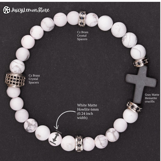 Christian Protection Bracelet with Hematite Cross & Howlite - Grounding Spiritual Jewelry for Faith & Emotional Balance. Top View.