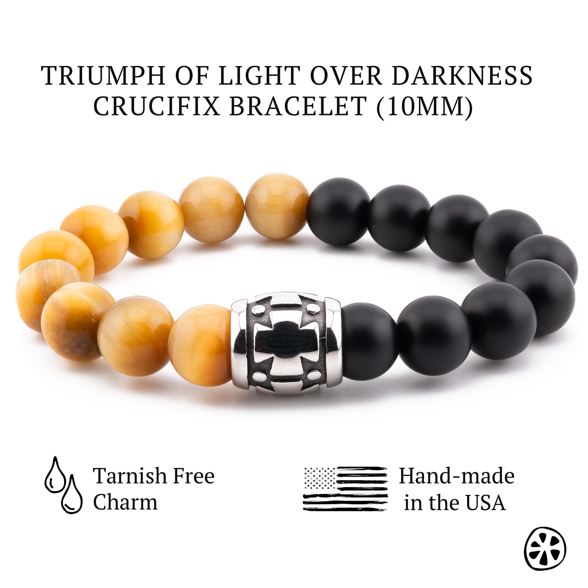 Cross Triumph of Light over Darkness Golden Tiger Eye and Black Matte Onyx Bracelet , Custom Saint Choice, Faith & Blessing Gift with