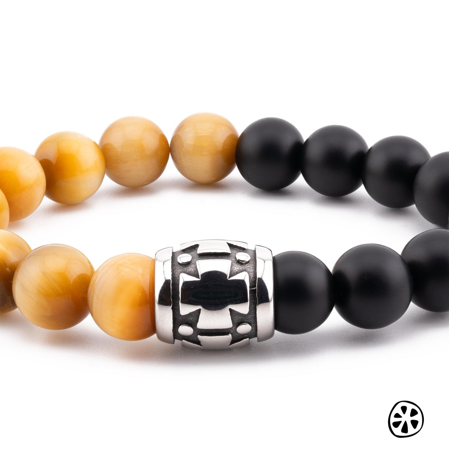 Cross Triumph of Light over Darkness Golden Tiger Eye and Black Matte Onyx Bracelet , Custom Saint Choice, Faith & Blessing Gift with