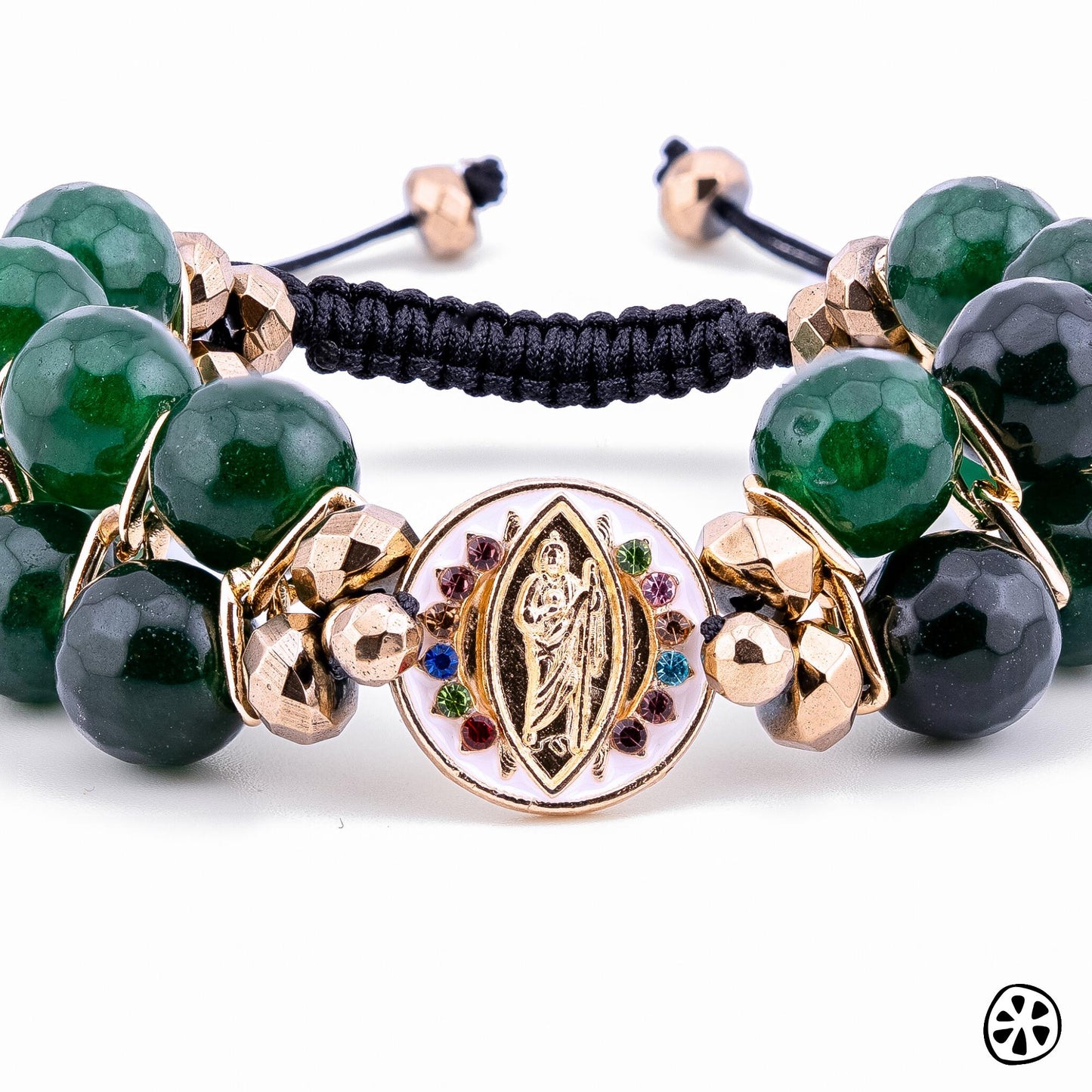 St Jude Thaddeus Protection Chuncky Women Bracelet, Faith & Blessing Gift. Chalcedony Green Emerald and Pyrites, Catholic Gift for her