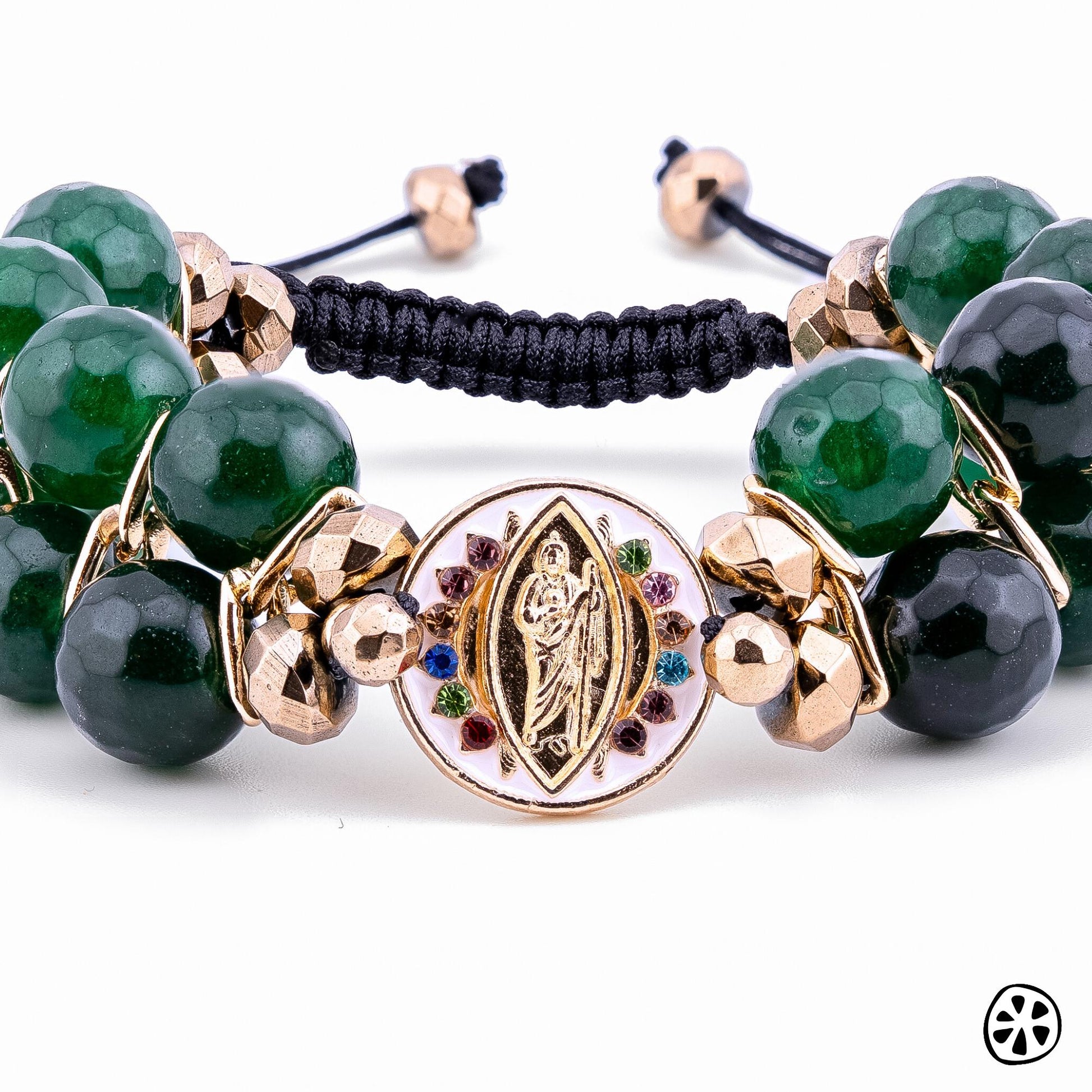 St Jude Thaddeus Protection Chuncky Women Bracelet, Faith & Blessing Gift. Chalcedony Green Emerald and Pyrites, Catholic Gift for her